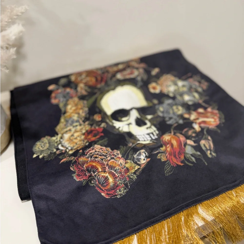 2 Velvet black skull and floral table runner with gold tassels by Threshold NWT